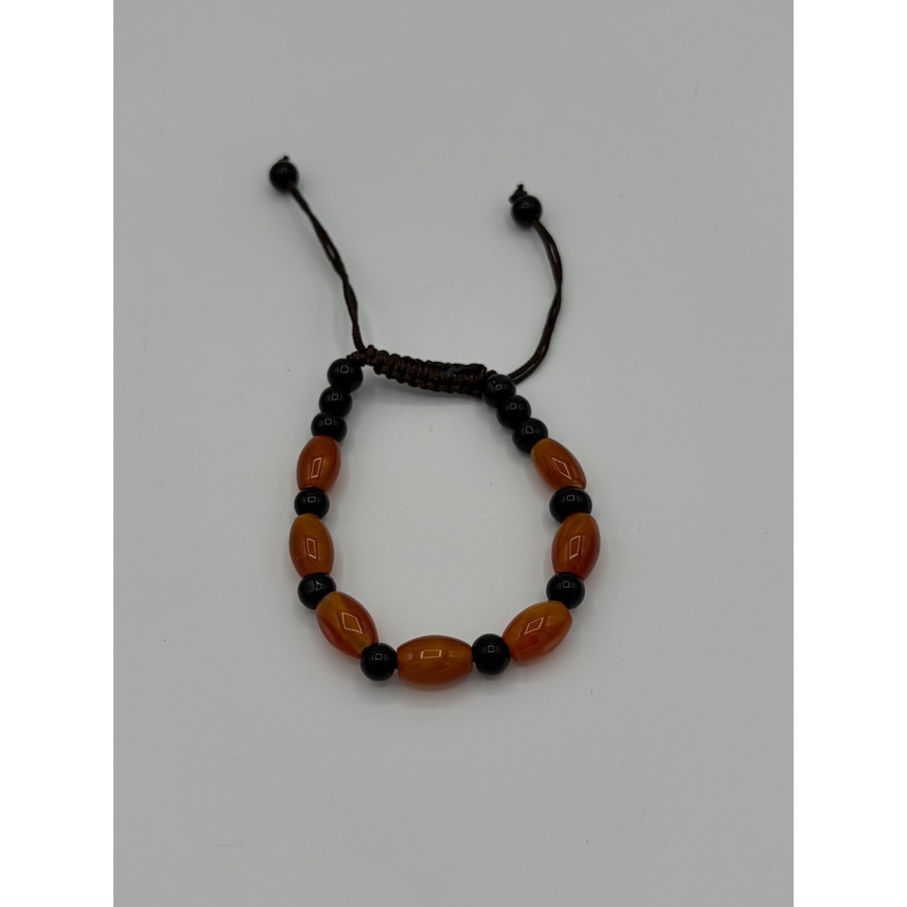 Carnelian Agate Black Onyx Beaded Adjustable Cord Bracelet Boho Macrame Orange